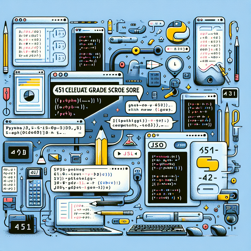 Technical illustration showing data grading system with code snippets, Python logo, and data visualization elements